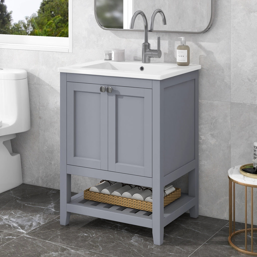 Mobile sottolavabo da bagno con lavabo in ceramica e vano aperto, a pavimento, in legno massello e MDF, grigio e bianco