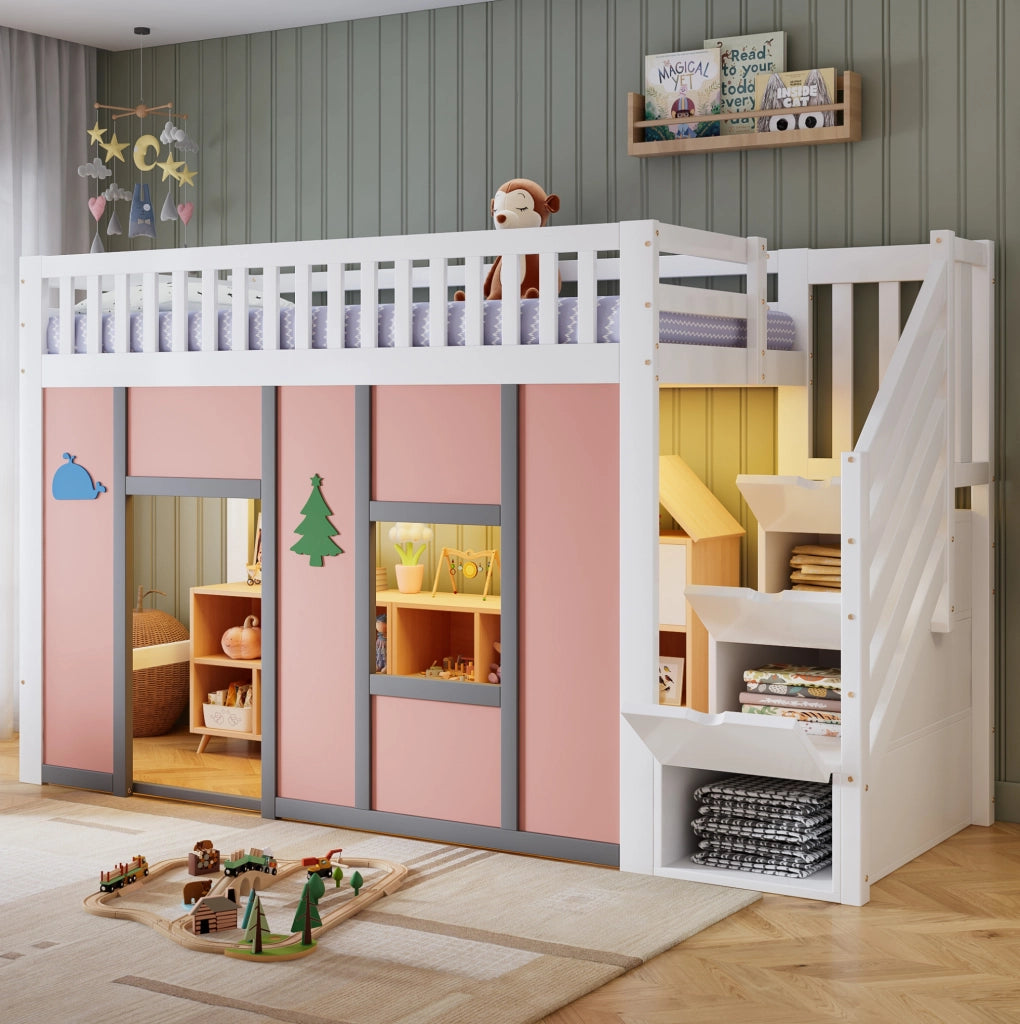 Letto a soppalco per bambini 90x200 cm bianco e rosa con LED