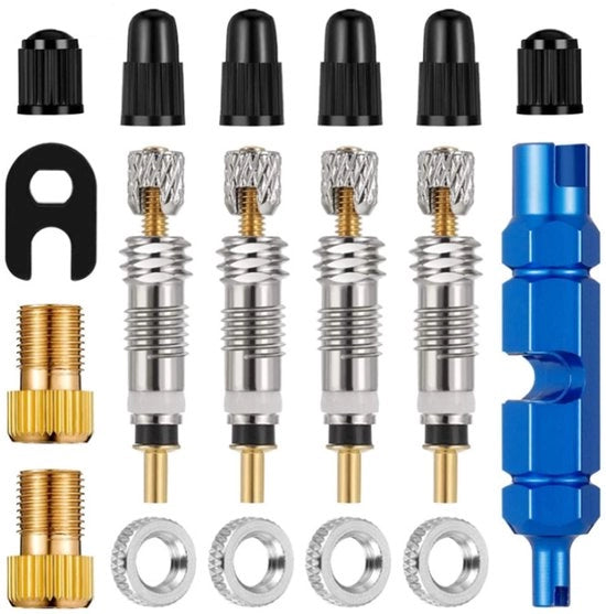 Set di sostituzione per valvole di pneumatici - 18 pezzi - miscelatura di ottone e plastica - componenti di bicicletta - valvola Presta - set di strumenti