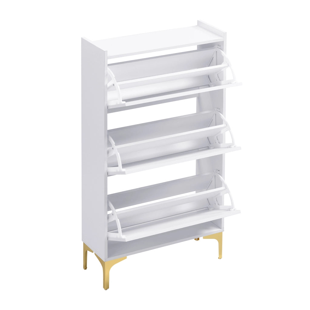 Scarpiera verticale salvaspazio a tre livelli in MDF bianco con gambe in metallo dorato, per ingresso 63 × 24 × 120 cm
