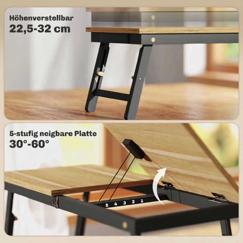 Tavolo da letto pieghevole e inclinabile con cassetto in bambù color rovere 83.5 × 33 × 23.5-34 cm