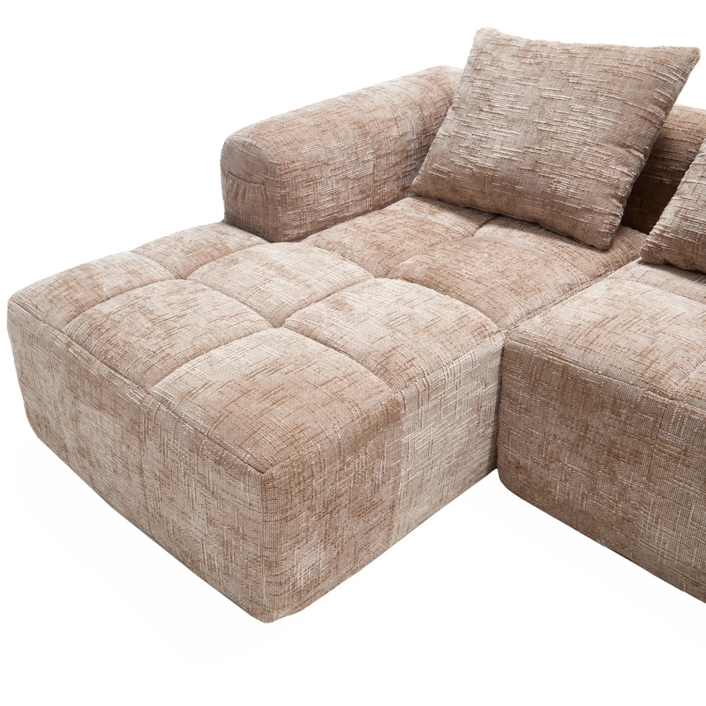 Divano componibile con chaise longue in ciniglia kaki e tasche laterali