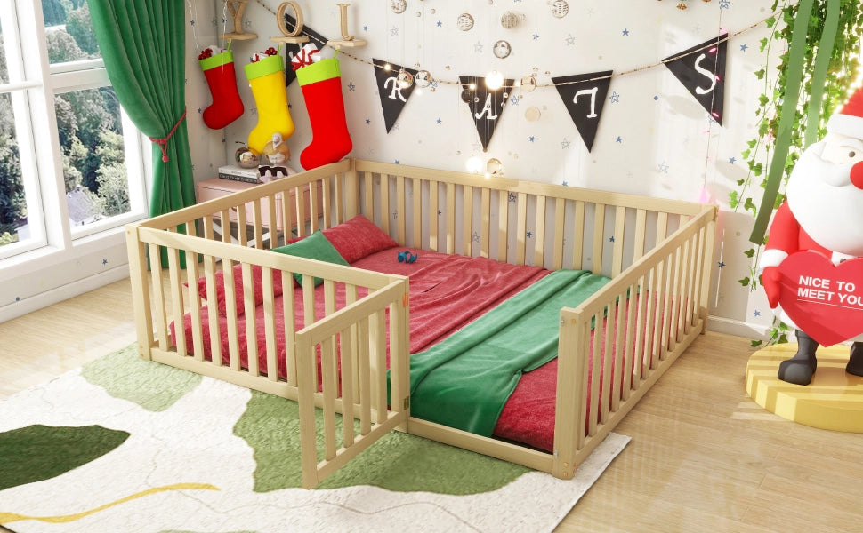 Letto a terra per bambini 140x200 cm in legno con sponde e cancelletto; senza rete; naturale