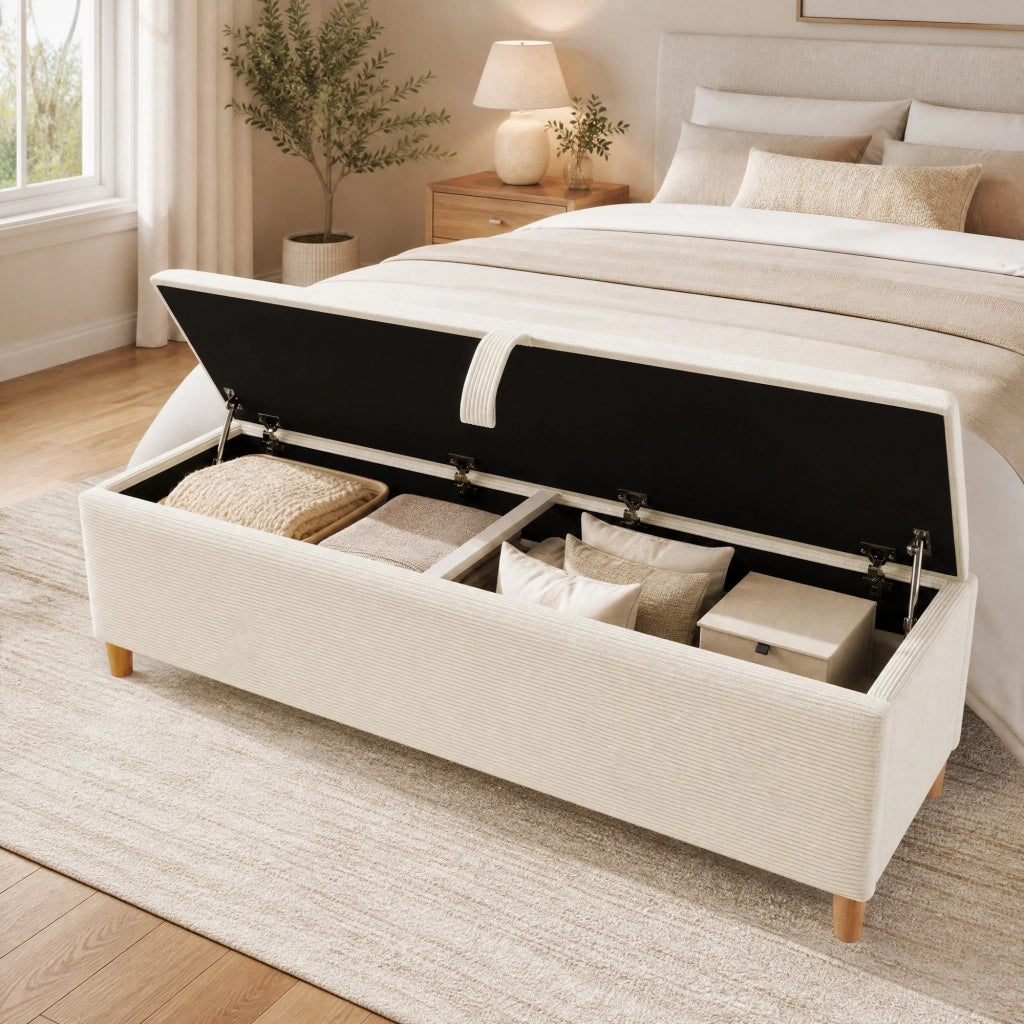 Letto matrimoniale 160x200 cm con testiera LED; panca contenitore e materasso; beige/rovere