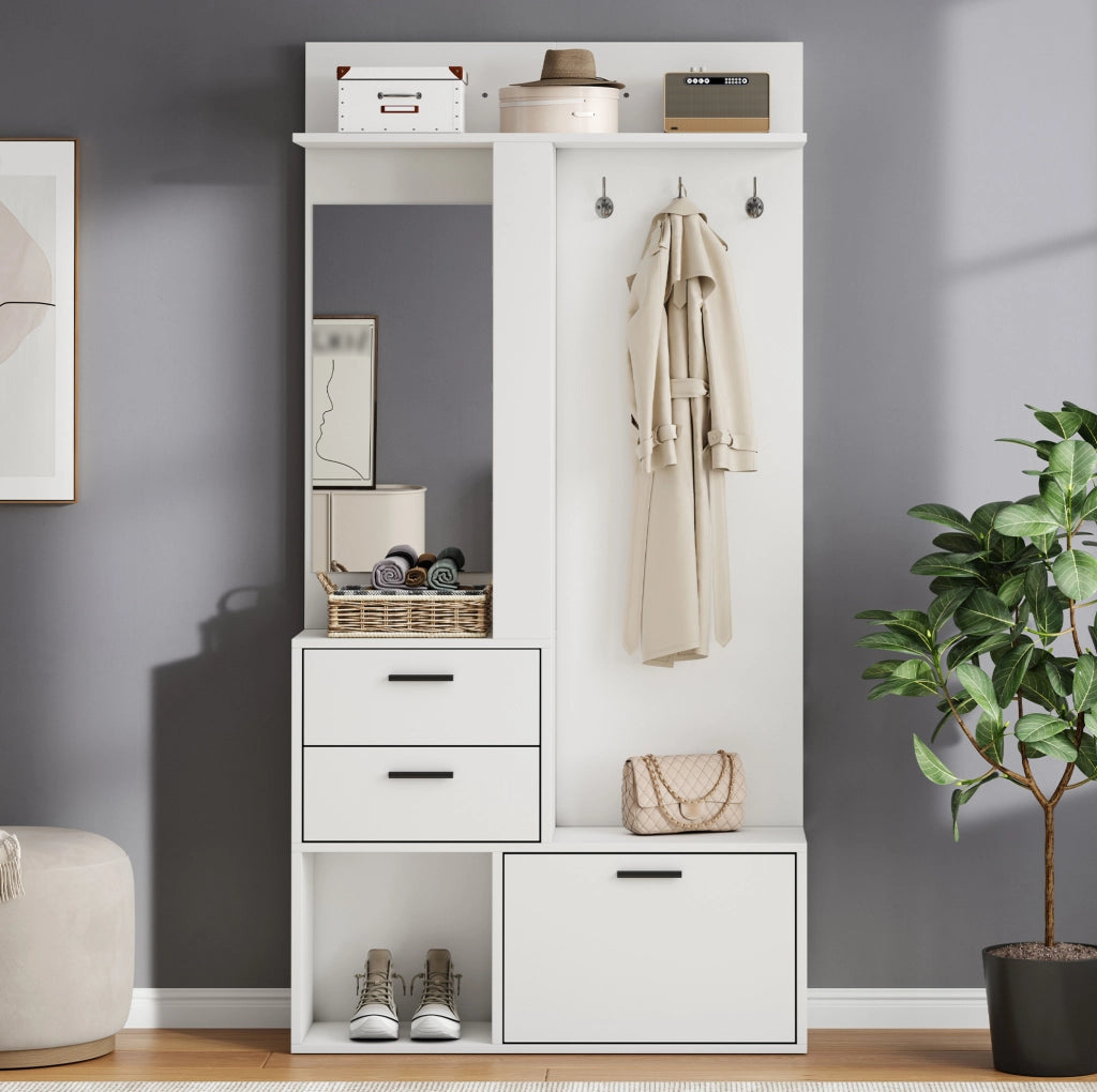 Mobile guardaroba 90x30x180 cm bianco in MDF, specchio e scarpiera