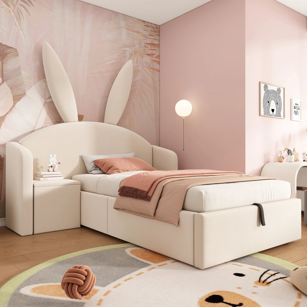 Letto per bambini 90 × 190 cm con contenitore idraulico e comodino; senza materasso; in velluto beige