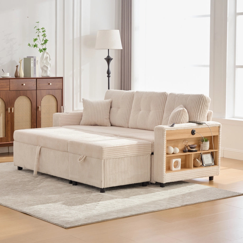 Divano letto in tessuto corduroy beige con contenitore; USB-C e luci LED; 196 cm