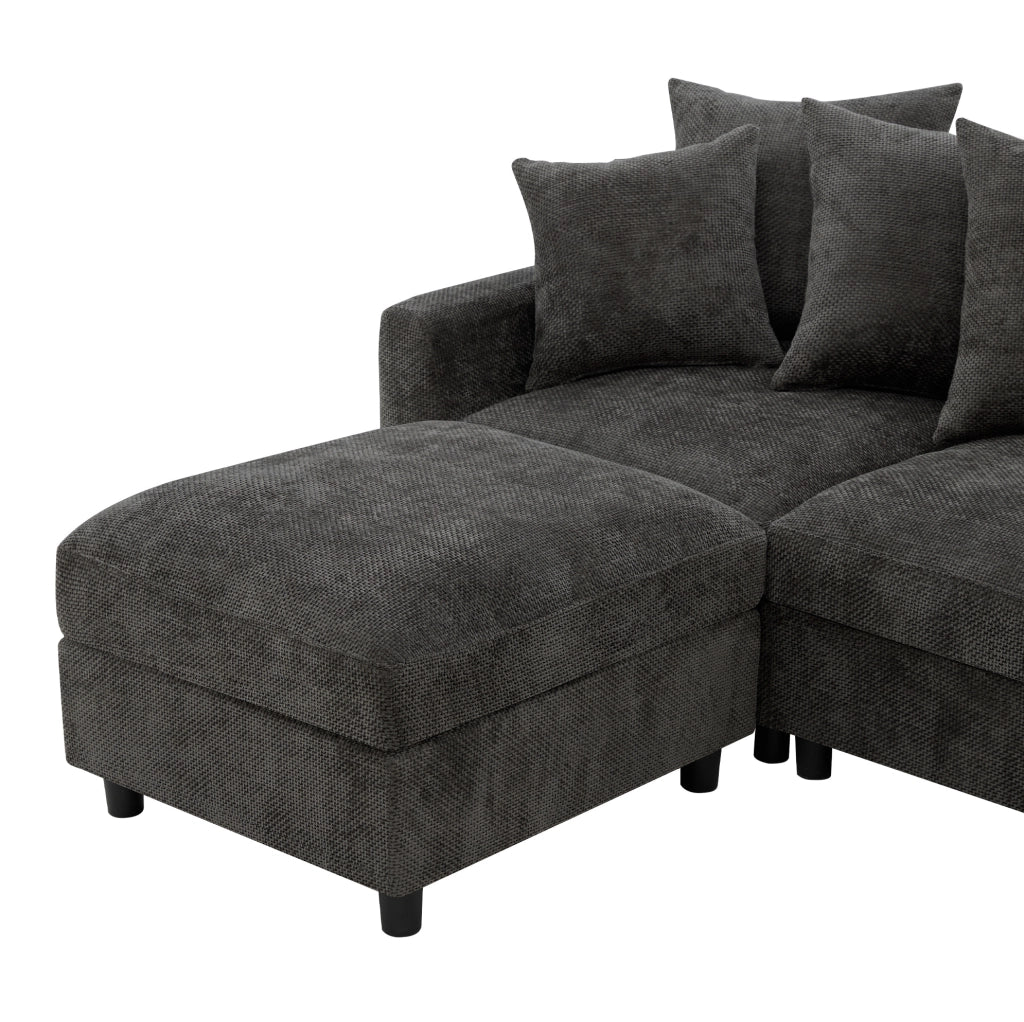 Divano angolare modulare 6 posti a U/L in chenille grigio con 2 pouf e ricarica USB/Type-C HOMVRA