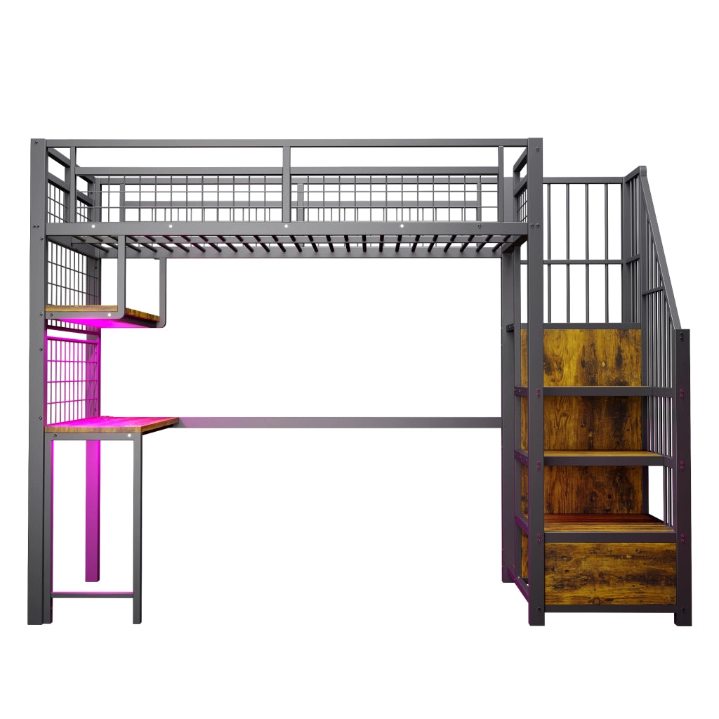 Letto a soppalco 90 × 200 cm con scrivania LED prese elettriche scala contenitore armadio in metallo nero