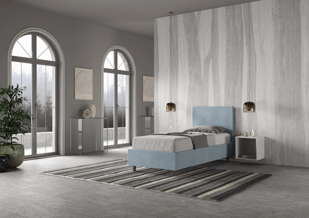 BS COM Letto singolo con rete imbottito 90x190 microfibra azzurro
