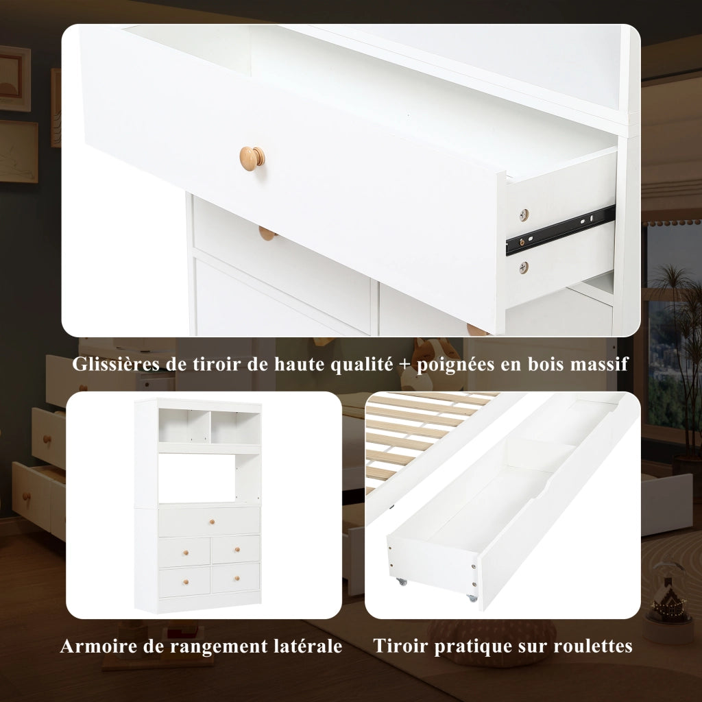 Letto singolo 90 × 200 cm con 5 cassetti e cassetto estraibile in legno bianco con sponde e barra superiore