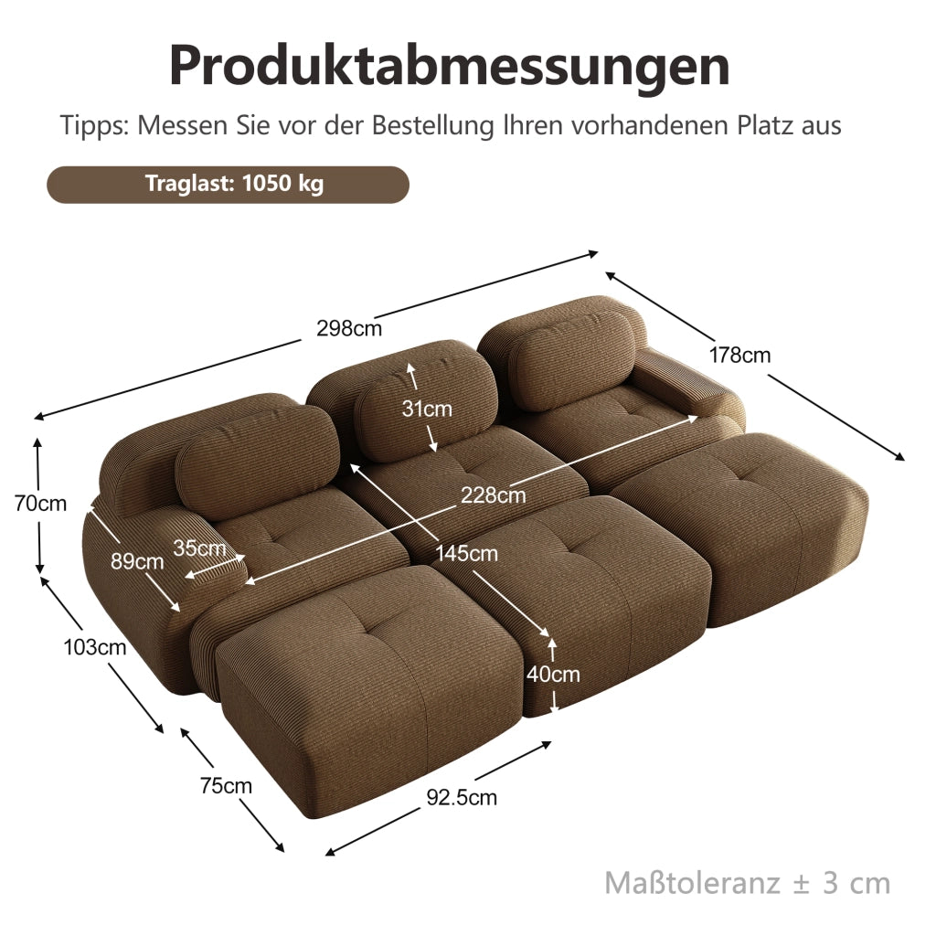 Divano angolare modulare senza struttura in tessuto a coste marrone con schiuma 32D e base antiscivolo