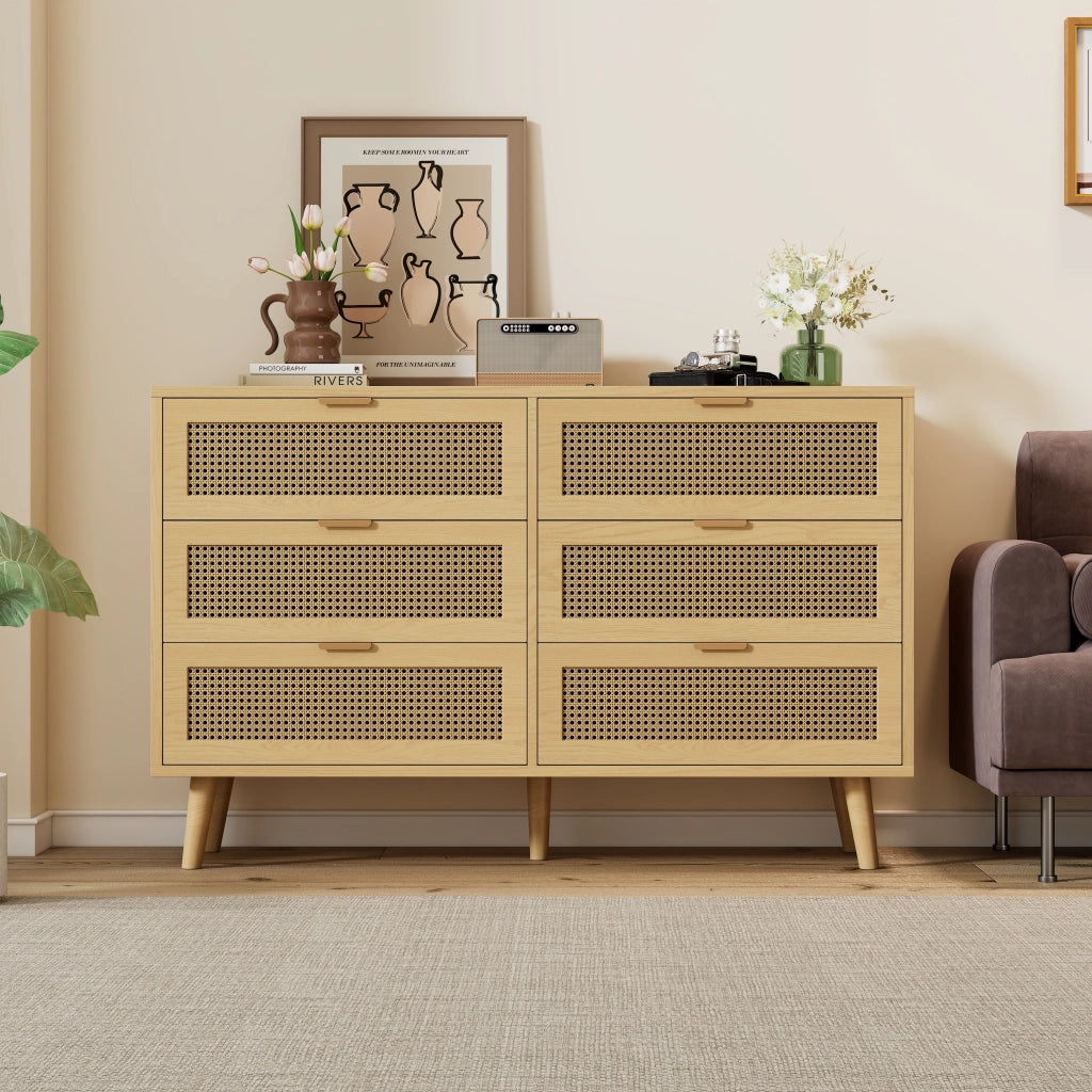 Cassettiera con 6 cassetti maniglie in metallo gambe in legno truciolare per soggiorno 120 × 76.5 × 40 cm