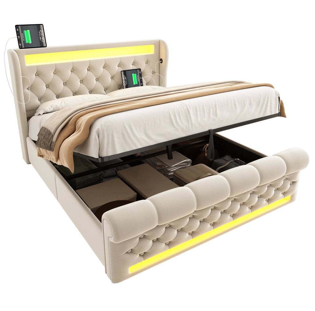 Letto imbottito matrimoniale beige 140x190 cm con LED, porta USB e Type-C, contenitore idraulico in velluto senza materasso