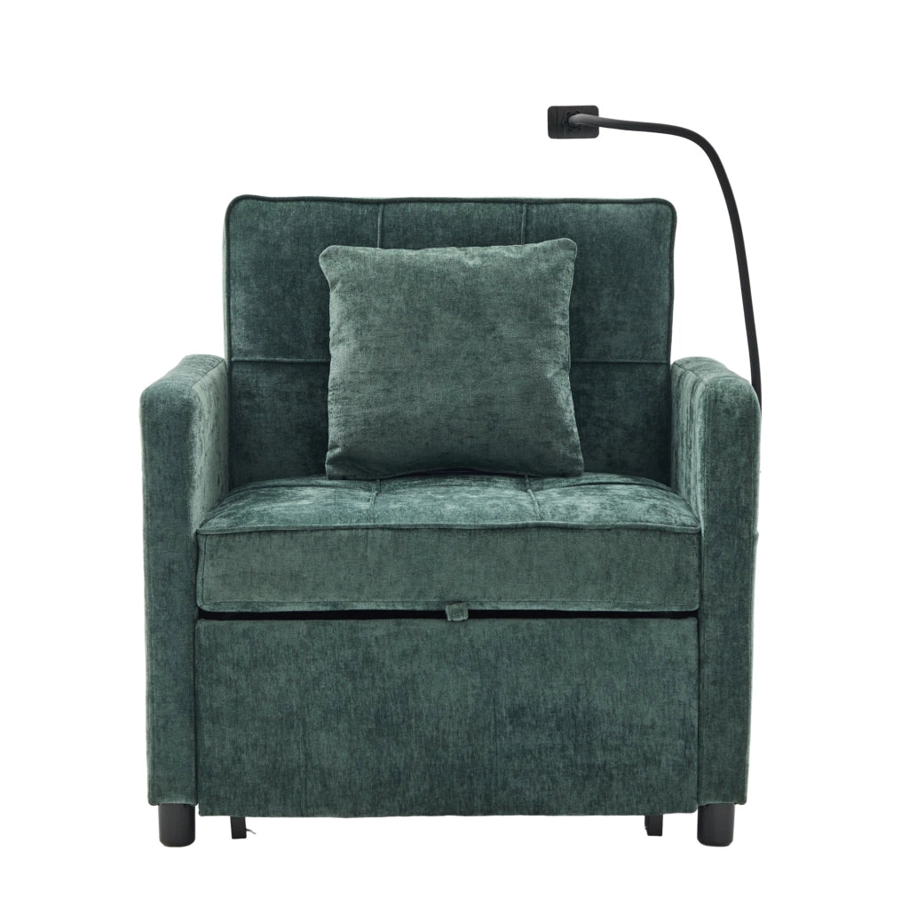 Poltrona letto 2-in-1 in chenille verde con cuscino, tasche laterali e tavolino integrato