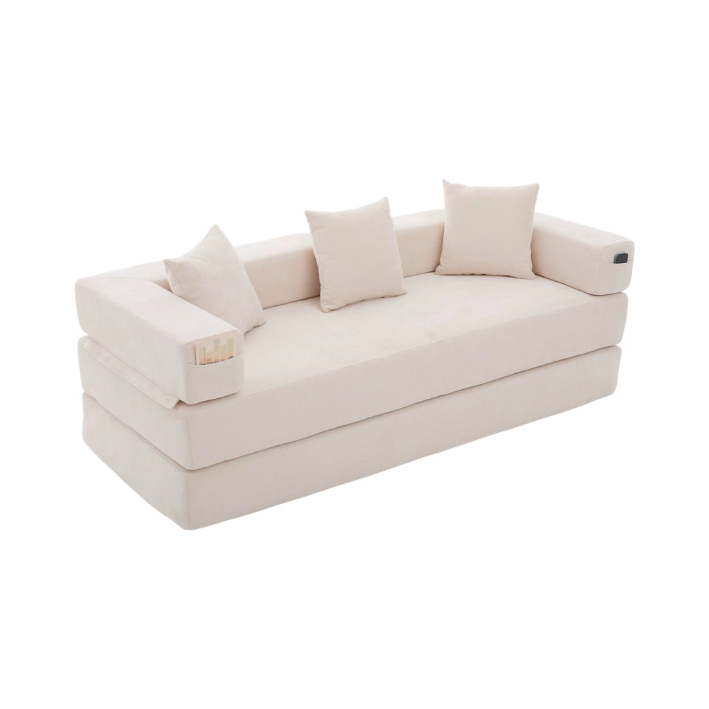 Divano modulare in ciniglia beige con tasche laterali e base antiscivolo
