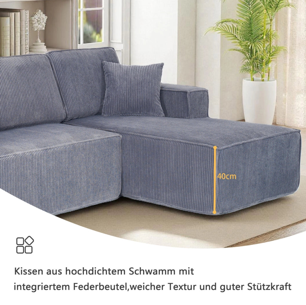 Divano angolare modulare a L in tessuto di cotone, 2 posti con chaise longue grigio, imbottitura in schiuma ad alta densità