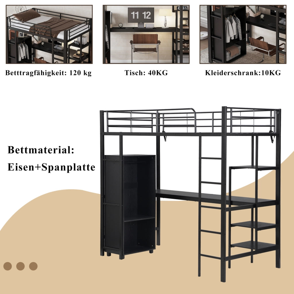 Letto a soppalco nero 90 x 200 cm con scrivania e armadio