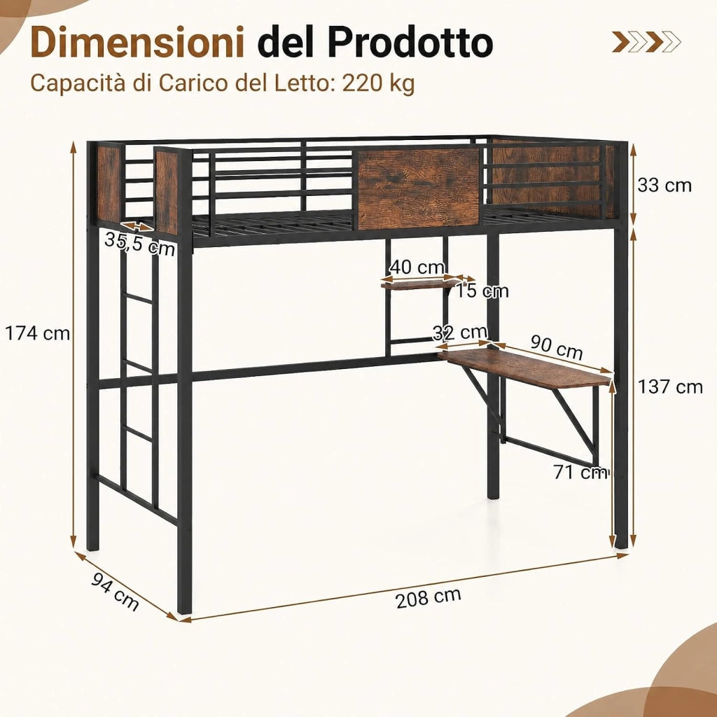 Letto a Soppalco in Metallo, Struttura del Letto 200 x 90 cm | Salvaspazio con Scrivania, Libreria, Sponda Rialzata, Design a Doghe e 3 Scale per Appartamenti e Dormitori