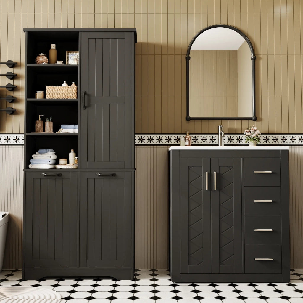 Mobile bagno nero con lavabo in ceramica integrato, superficie laccata. Lavabo 76x46,5x85,5 cm + armadio 78x35x172 cm. Include 2 ceste per biancheria.