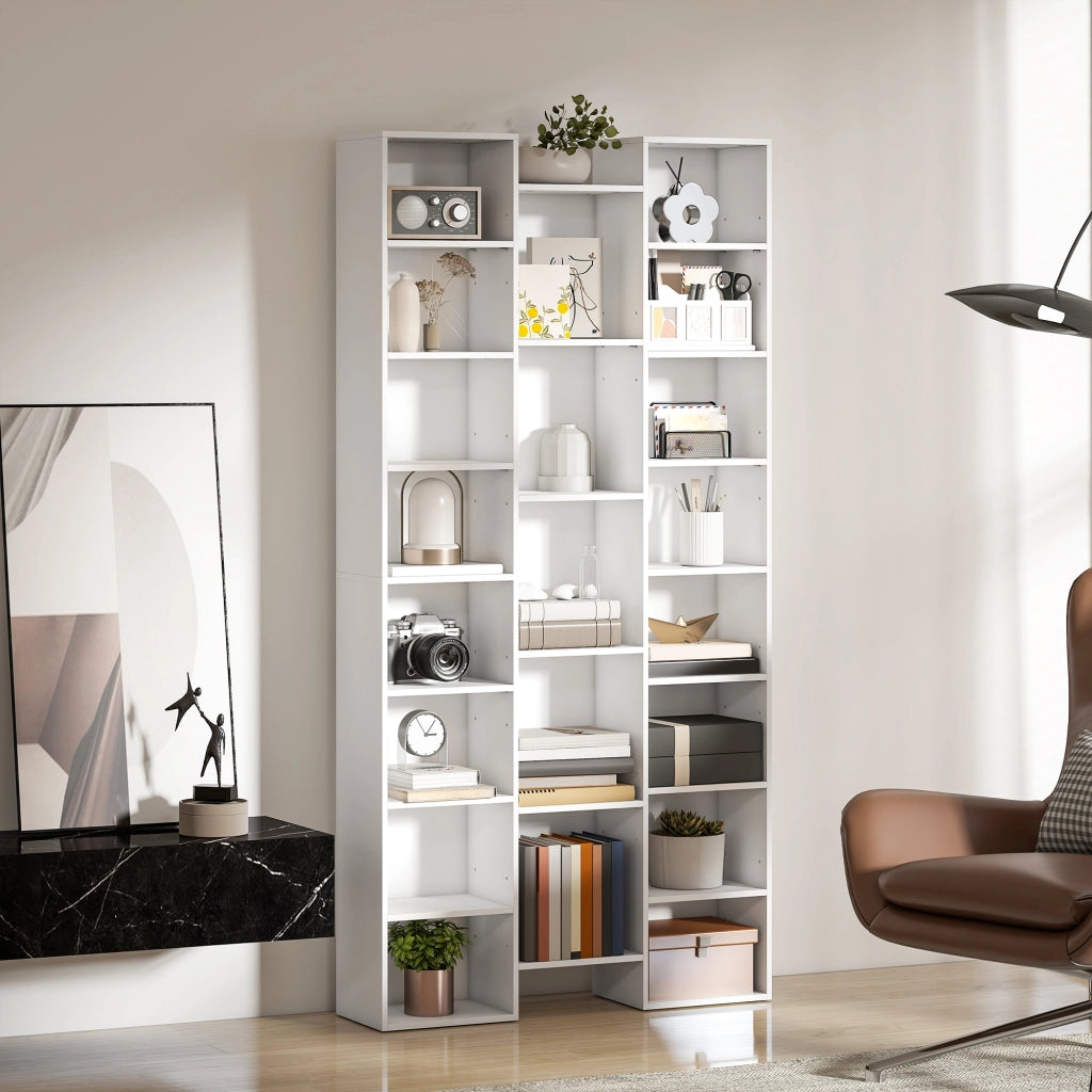 Libreria Bianca con 21 Vani e Ripiani Regolabili in Pannelli di Particelle; per Soggiorno; 89;5 x 23;5 x 181 cm