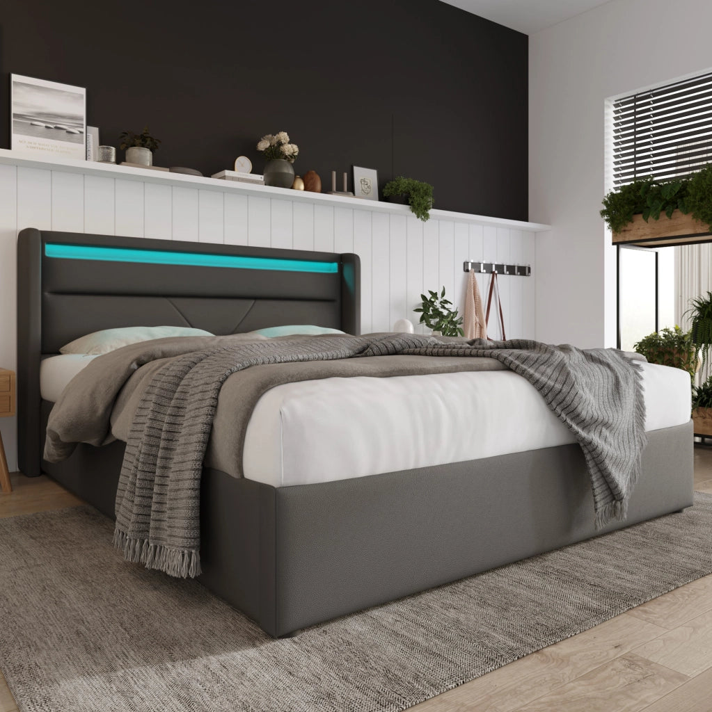 Letto contenitore 160x200 cm con LED e telecomando, rivestimento in PU grigio