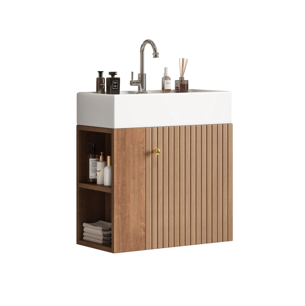 Mobile bagno compatto con lavabo in ceramica marrone