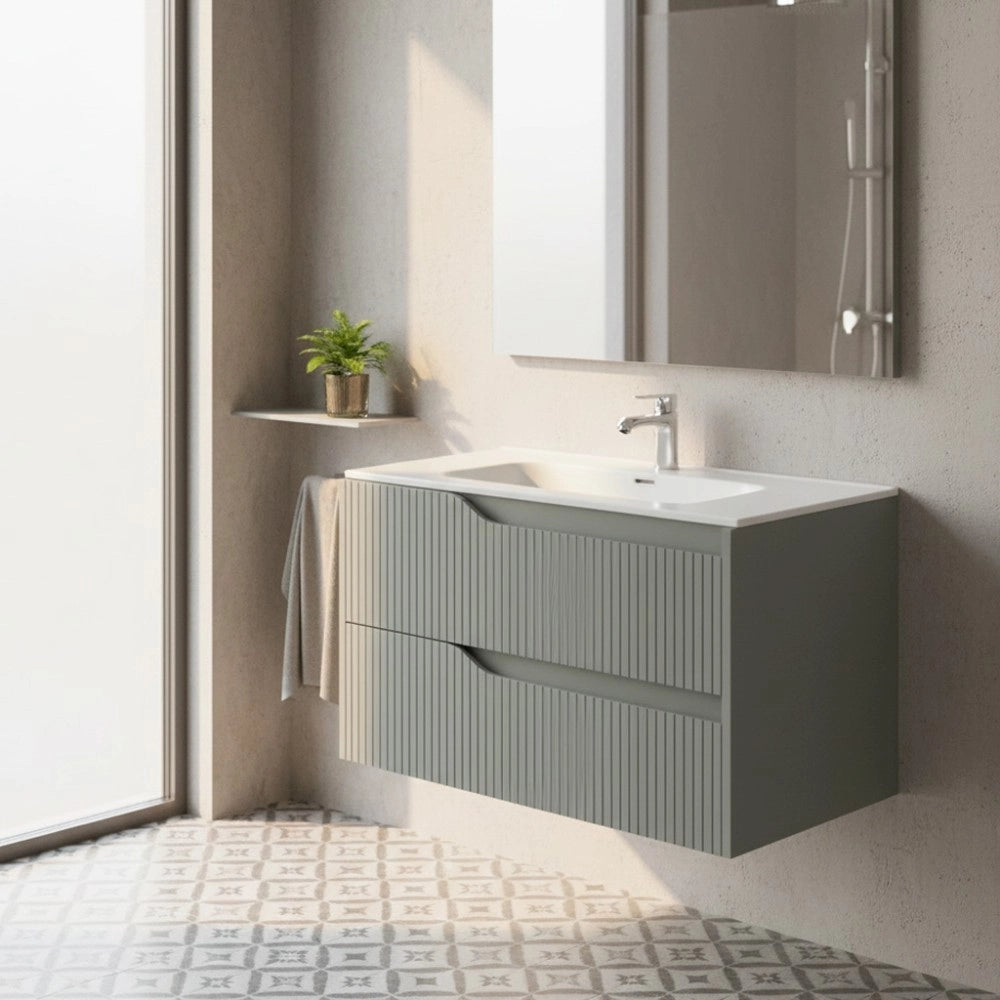 Mobile bagno sospeso Soho colore verde opaco con cassetti effetto cannettato 80x45x50H