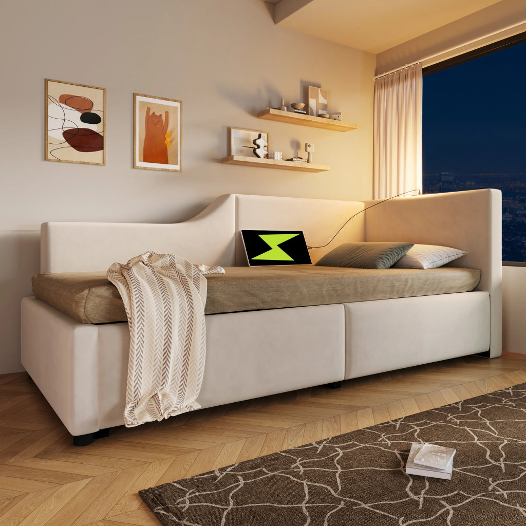 Letto singolo daybed 90 ¡Á 190 cm contenitore in velluto beige con luce da lettura e ricarica USB-C
