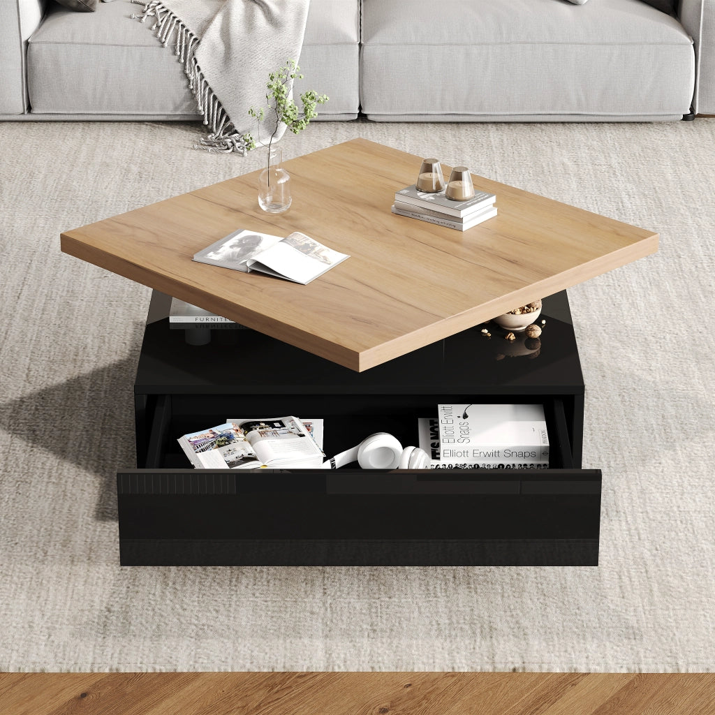 Tavolino da Salotto Quadrato con Piano Girevole a 360 Gradi Noce e Nero 70x70x36 cm