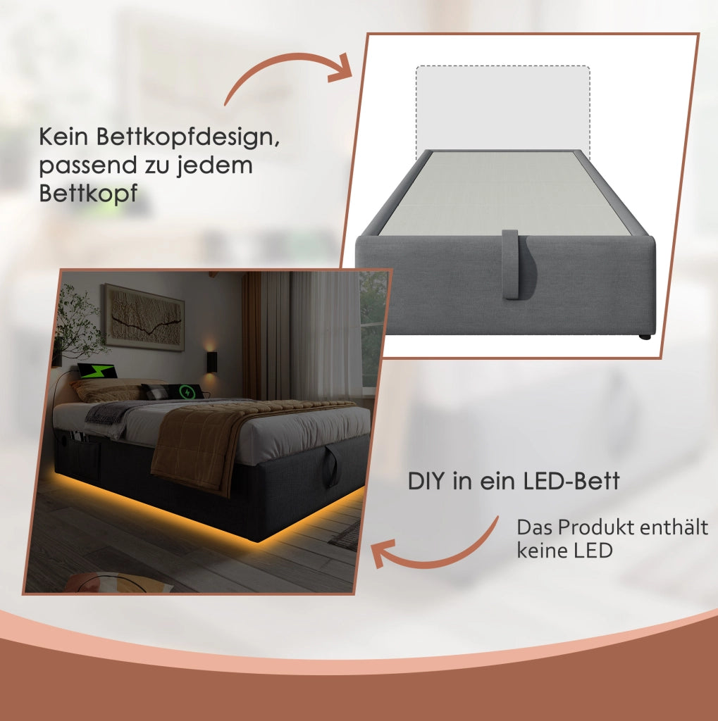 Letto contenitore 90 x 200 cm grigio con USB e Type-C
