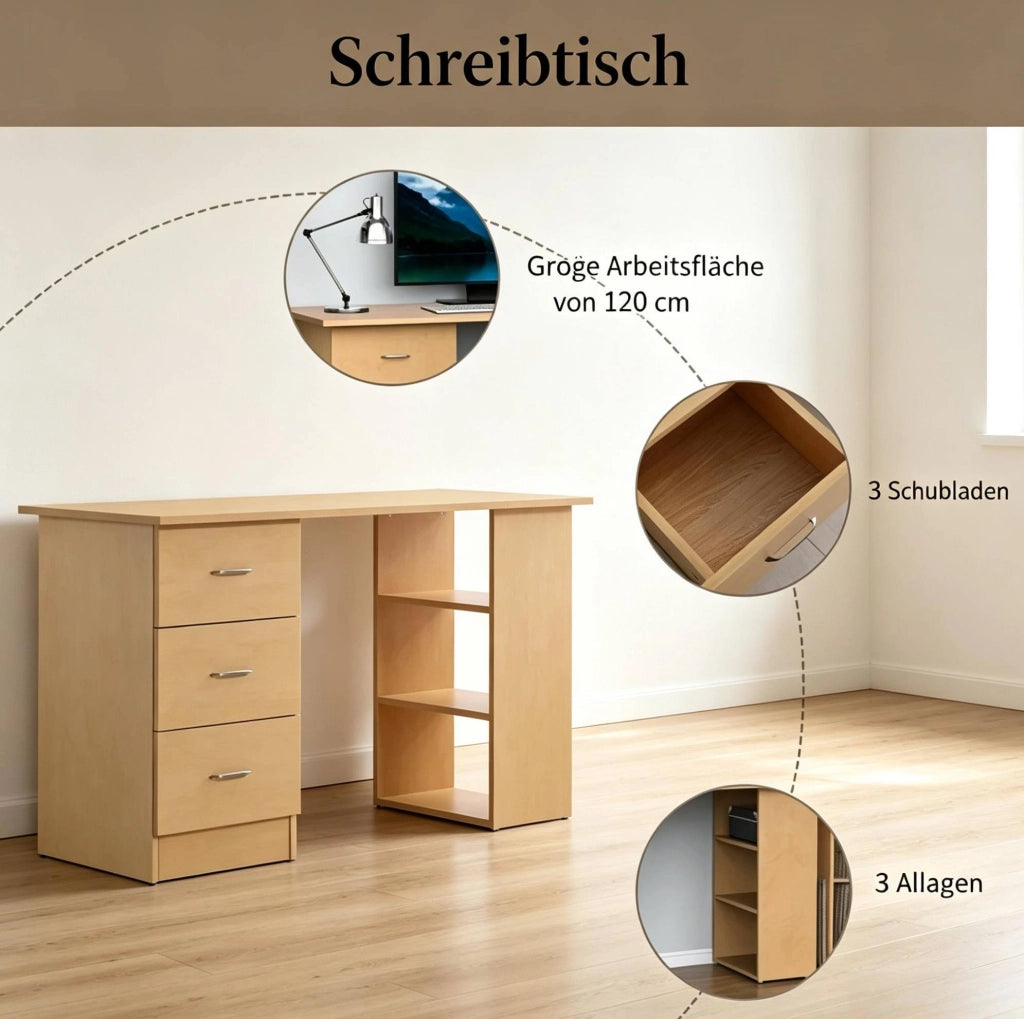 Scrivania per computer in MDF, 120x49x72 cm, con cassetti e ripiani regolabili, colore legno chiaro