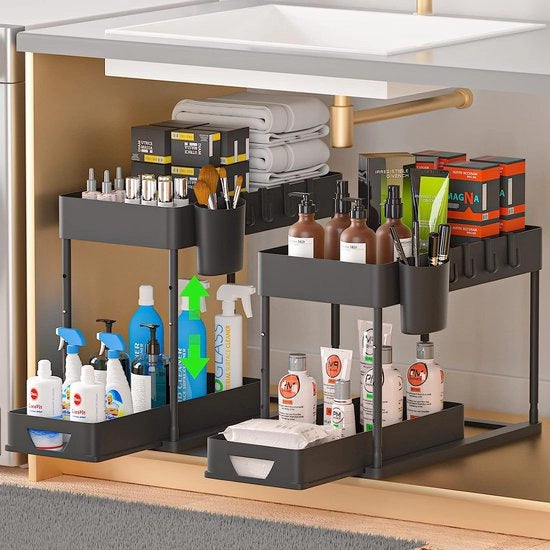 Set di 2 organizzatori da cucina, sotto lavabo, ripiano, organizzatore di cassetto, lavabo pieghevole con 8 ganci, 16 pattini antiscivolo e 2 becheretti da appendere, ripiano per lavastoviglie, organizzatore da cucina