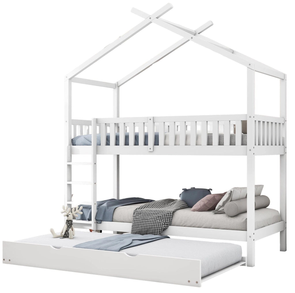 Letto a castello a 3 posti in pino bianco 90x200 cm