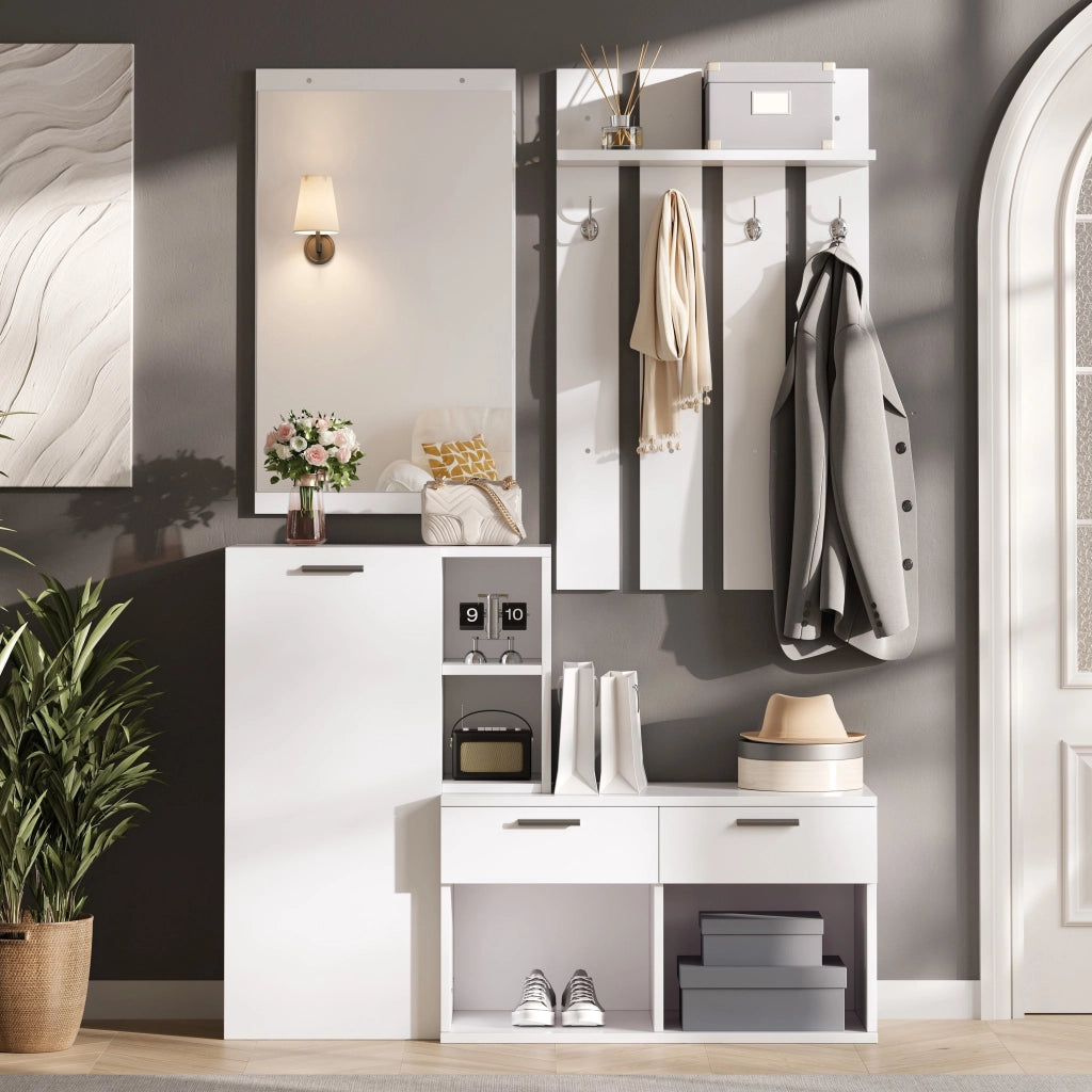 Mobile da ingresso con specchio, anta, 2 cassetti, 10 vani e 4 ganci per ingresso, in MDF bianco, 120 × 35 × 175,5 cm