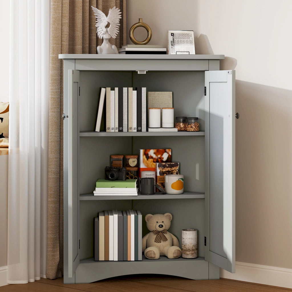Armadio da bagno angolare con 2 ante, 2 ripiani e 3 vani, in MDF laccato grigio, per bagno e cucina, 61,5 × 80 cm
