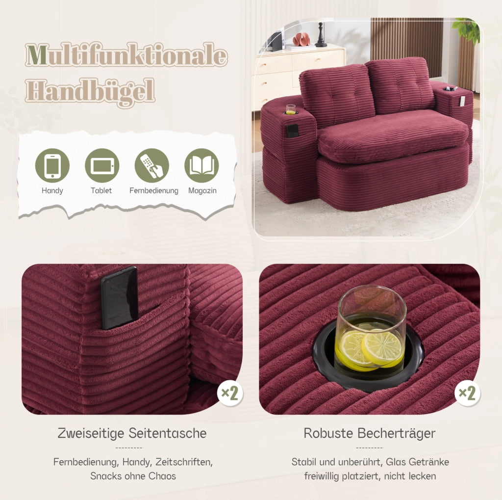 POLTRONA 2 IN 1 Reclinabile in Velluto a Coste Rosso Vino
