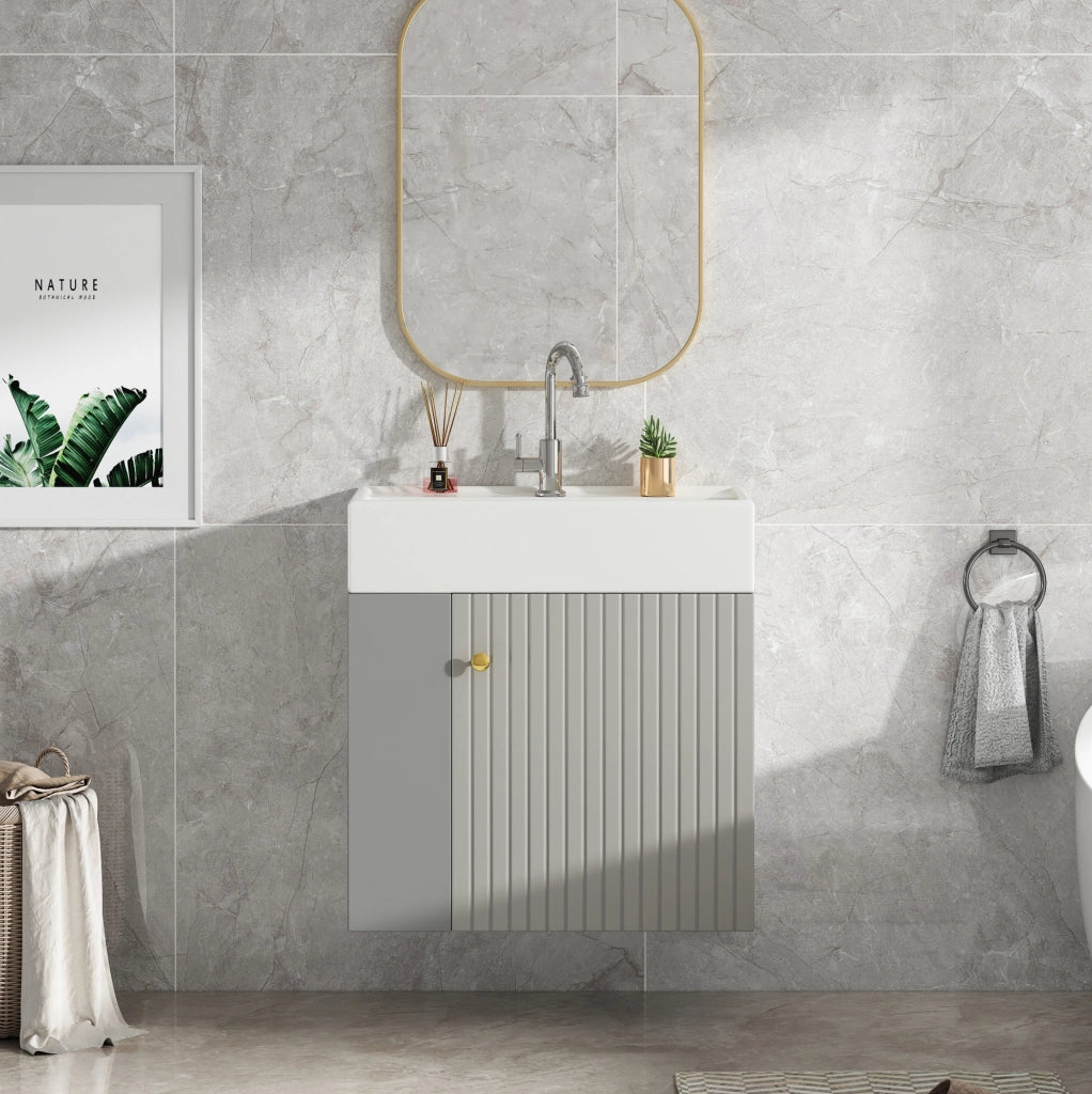 Mobile bagno compatto con lavabo in ceramica grigio e bianco