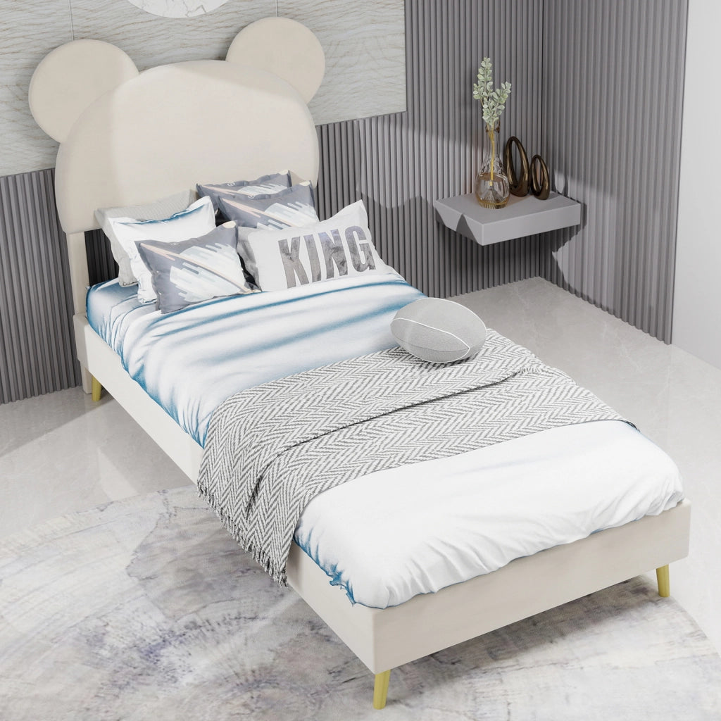 Letto contenitore per bambini 90 × 200 cm con vano sollevabile pneumatico, senza materasso, in tessuto beige