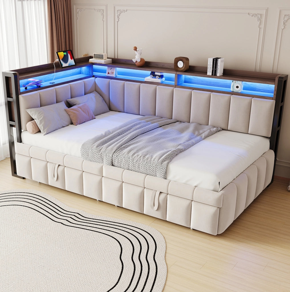 Divano letto ULEVR 90x200 cm estraibile con LED, USB e Type-C, vani portaoggetti, velluto beige