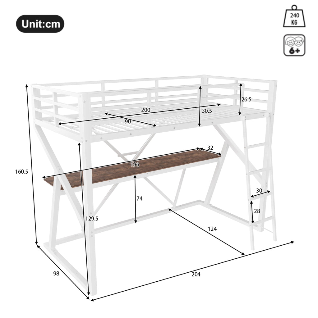 Letto a soppalco 90x200 con scrivania, scala e LED multicolore