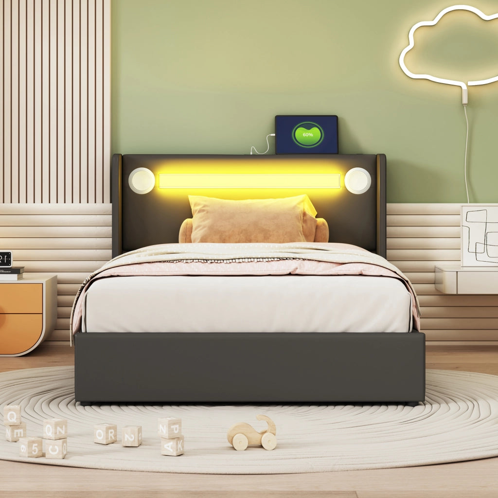 Letto imbottito per bambini 90x200 cm con LED; Bluetooth e vano contenitore
