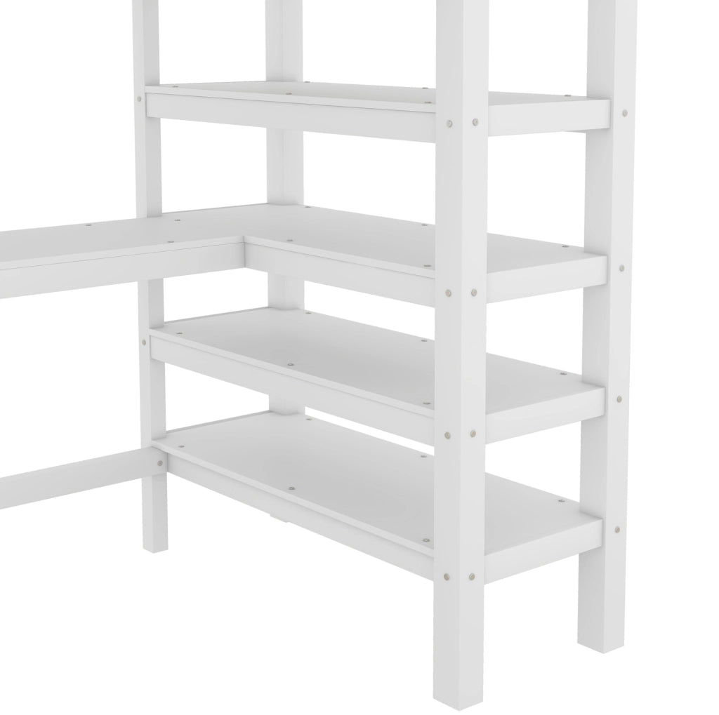 Hochbett 90x200 cm con scrivania e ripiani; in pino e MDF; bianco