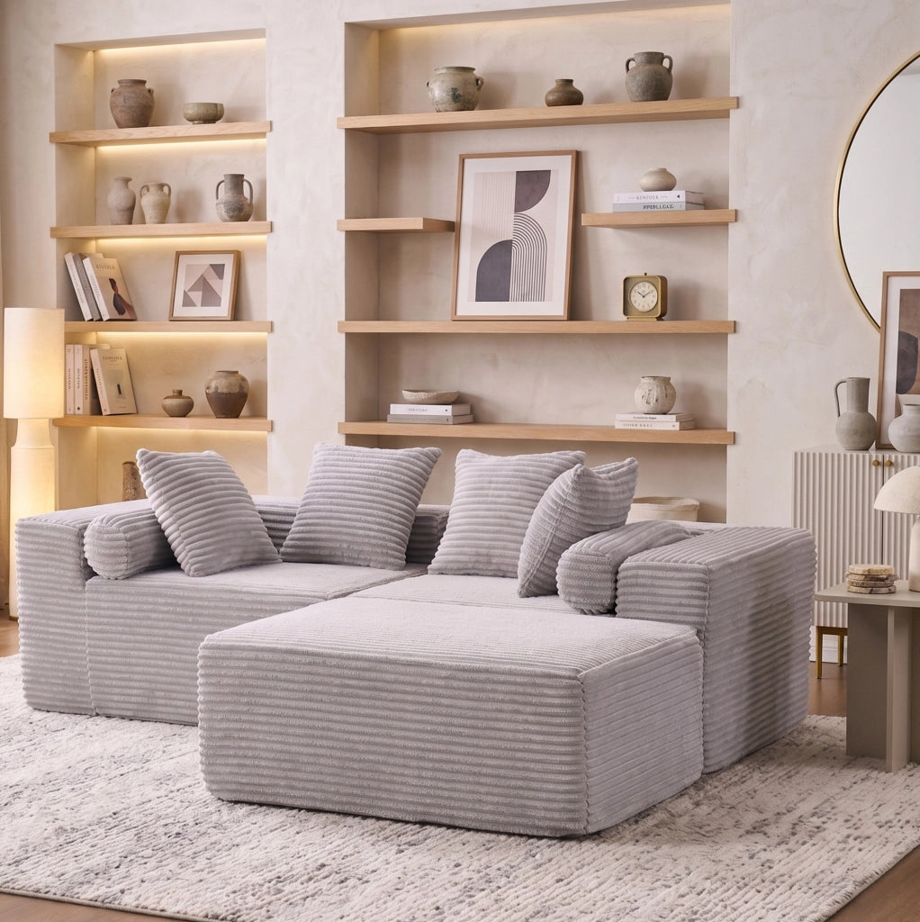 Divano modulare ULEVR grigio a 3 moduli con chaise longue, pronto all'uso senza montaggio