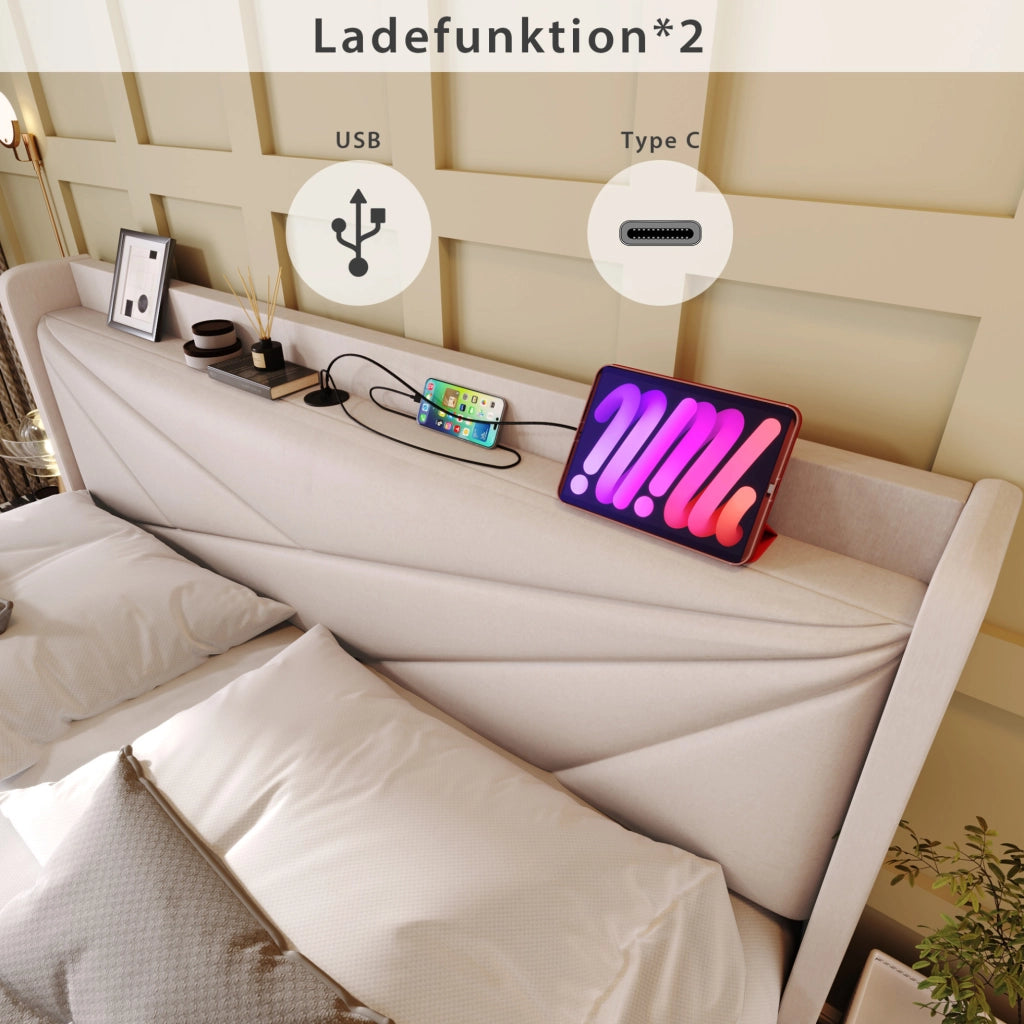 Letto singolo contenitore 90x200 cm con USB e USB-C; cotone-lino beige