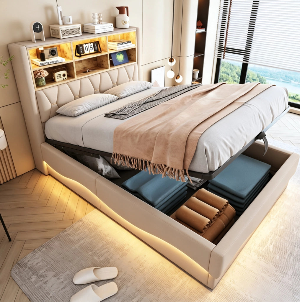 Letto imbottito 140x200 cm con contenitore idraulico, illuminazione LED controllata via app, struttura metallica e rivestimento in lino beige