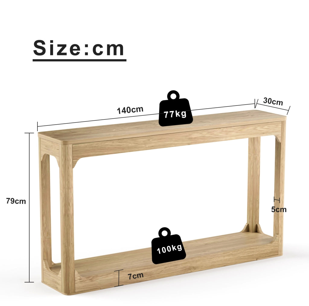 Tavolo consolle stretto 140 cm con ripiani aperti in MDF naturale HOMVRA