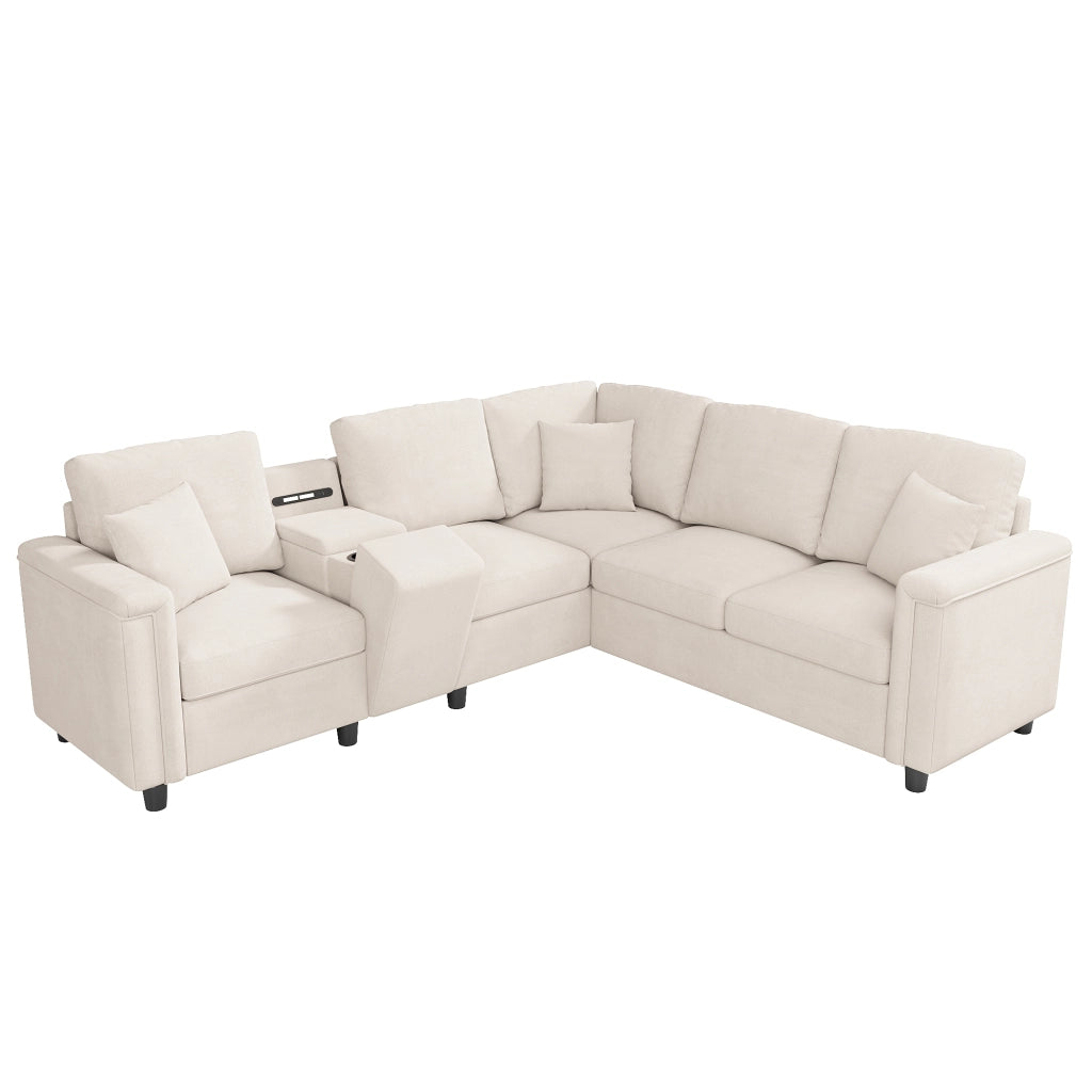 Divano angolare a L in ciniglia 235 x 208 cm con contenitore e USB; beige