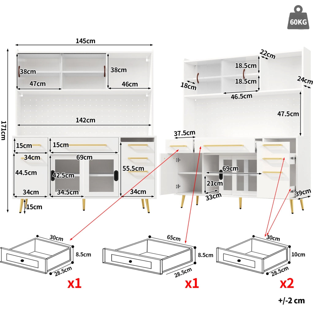 Sideboard moderno con LED, armadio alto per cucina e soggiorno con pannello forato, cassetti e porta in vetro, bianco, 145x39x171 cm