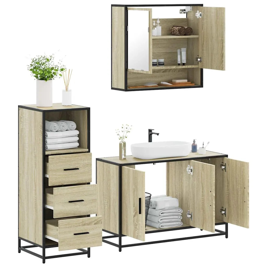 Set Mobili da Bagno | Armadio da bagno 3 pz Rovere Sonoma in Legno Multistrato
